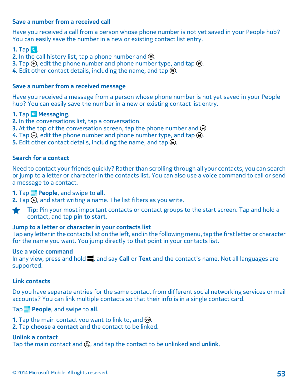 Save a number from a received call, Save a number from a received message, Search for a contact | Link contacts | Nokia Lumia 1320 User Manual | Page 53 / 124