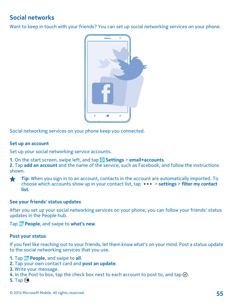 Social networks, Set up an account, See your friends' status updates | Post your status | Nokia Lumia 1320 User Manual | Page 55 / 124