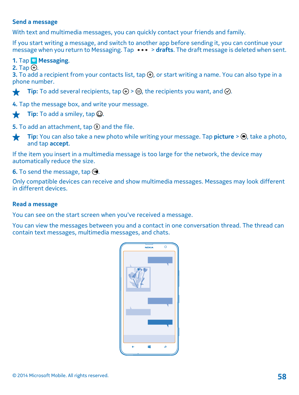 Send a message, Read a message | Nokia Lumia 1320 User Manual | Page 58 / 124