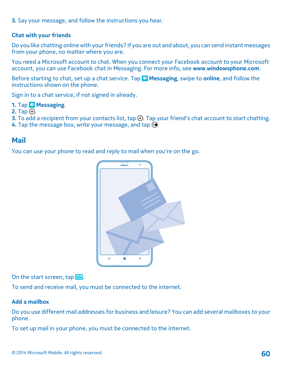 Chat with your friends, Mail, Add a mailbox | Nokia Lumia 1320 User Manual | Page 60 / 124