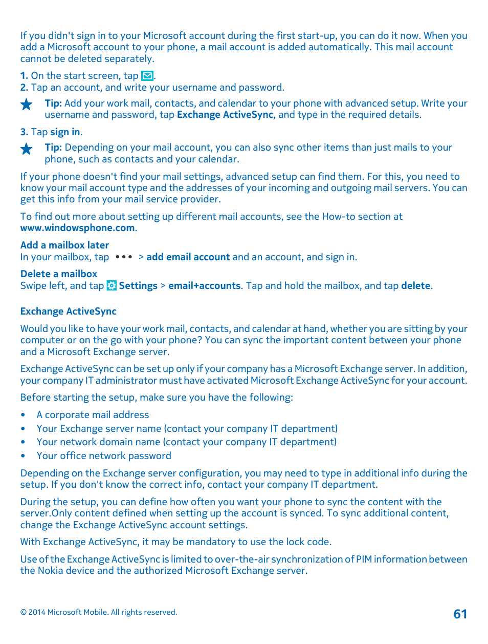 Exchange activesync | Nokia Lumia 1320 User Manual | Page 61 / 124