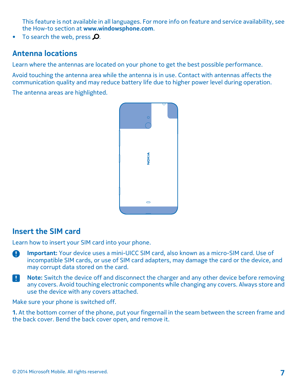 Antenna locations, Insert the sim card | Nokia Lumia 1320 User Manual | Page 7 / 124