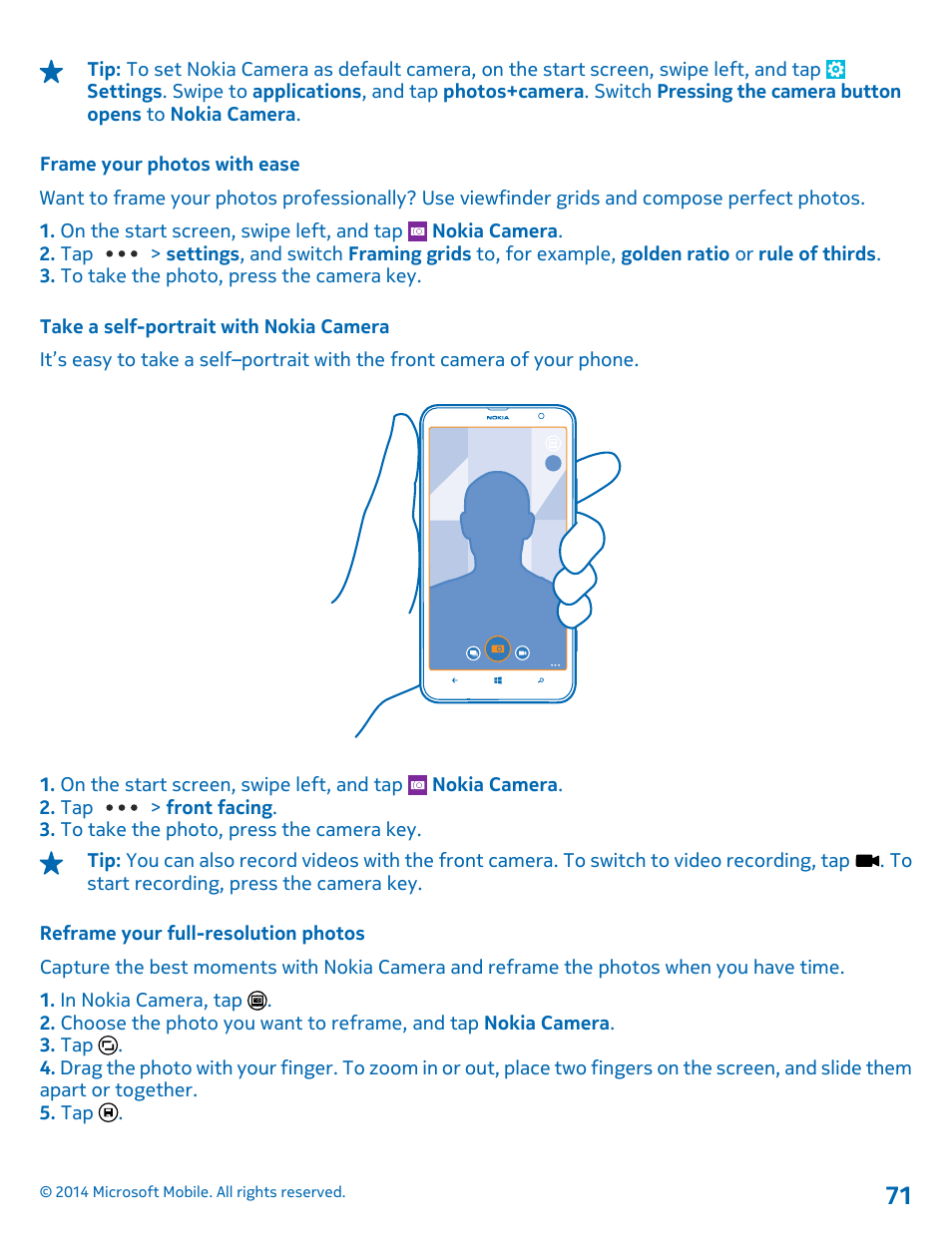 Frame your photos with ease, Take a self-portrait with nokia camera, Reframe your full-resolution photos | Nokia Lumia 1320 User Manual | Page 71 / 124