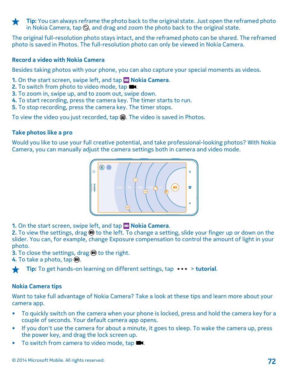 Record a video with nokia camera, Take photos like a pro, Nokia camera tips | Nokia Lumia 1320 User Manual | Page 72 / 124