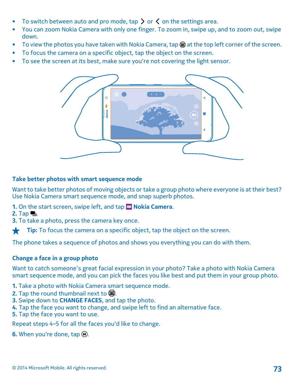 Take better photos with smart sequence mode, Change a face in a group photo | Nokia Lumia 1320 User Manual | Page 73 / 124