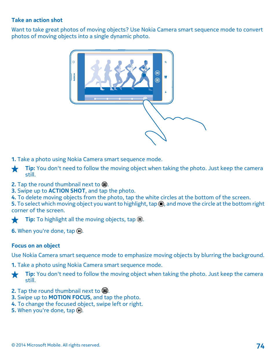 Take an action shot, Focus on an object | Nokia Lumia 1320 User Manual | Page 74 / 124