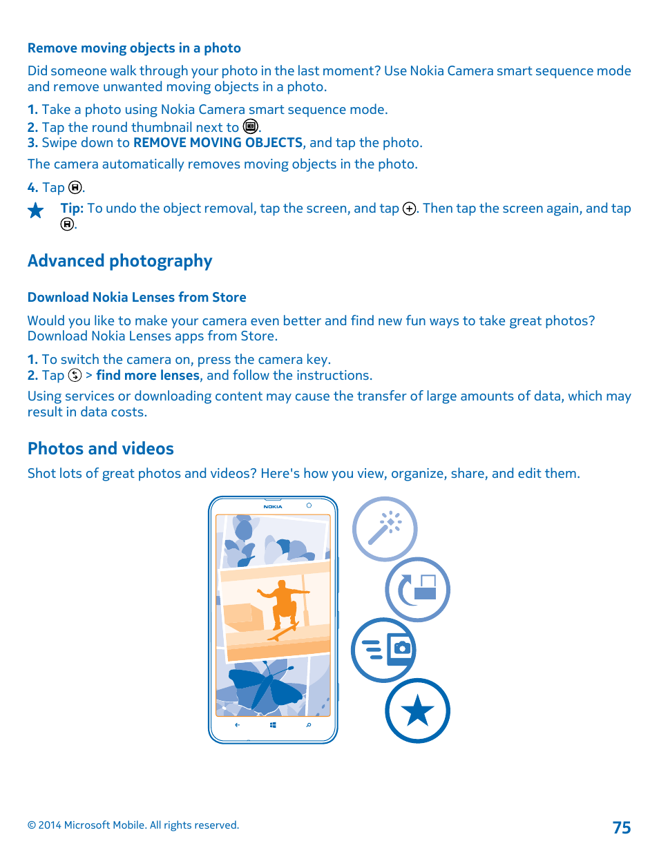 Remove moving objects in a photo, Advanced photography, Download nokia lenses from store | Photos and videos | Nokia Lumia 1320 User Manual | Page 75 / 124