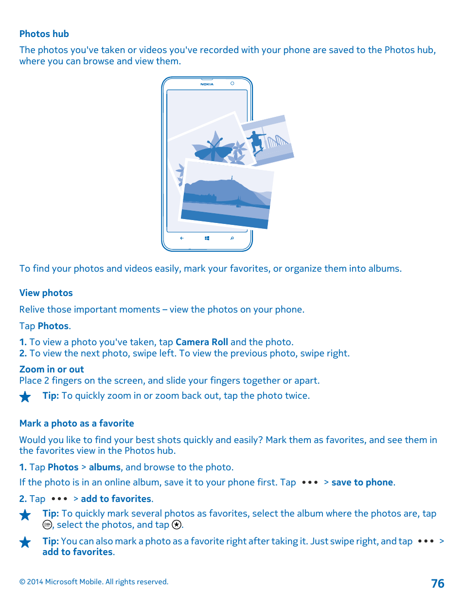 Photos hub, View photos, Mark a photo as a favorite | Nokia Lumia 1320 User Manual | Page 76 / 124