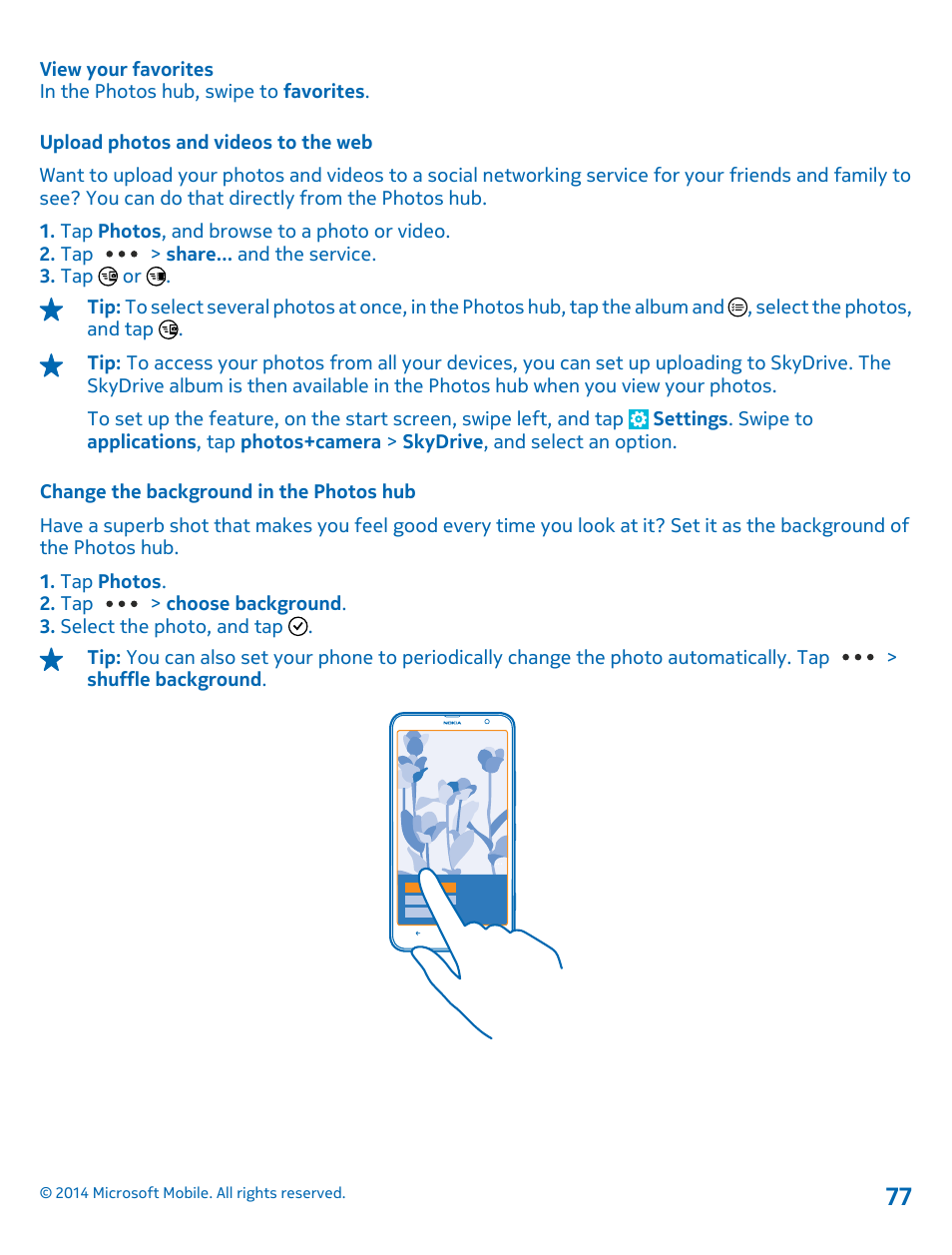 Upload photos and videos to the web, Change the background in the photos hub | Nokia Lumia 1320 User Manual | Page 77 / 124