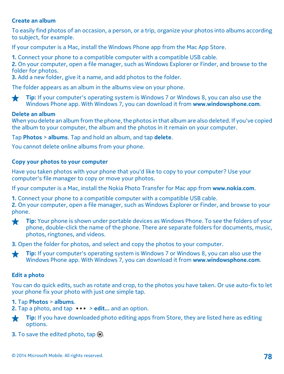 Create an album, Copy your photos to your computer, Edit a photo | Nokia Lumia 1320 User Manual | Page 78 / 124