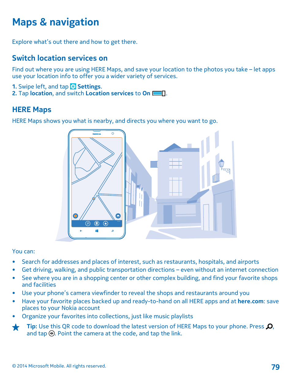 Maps & navigation, Switch location services on, Here maps | Nokia Lumia 1320 User Manual | Page 79 / 124