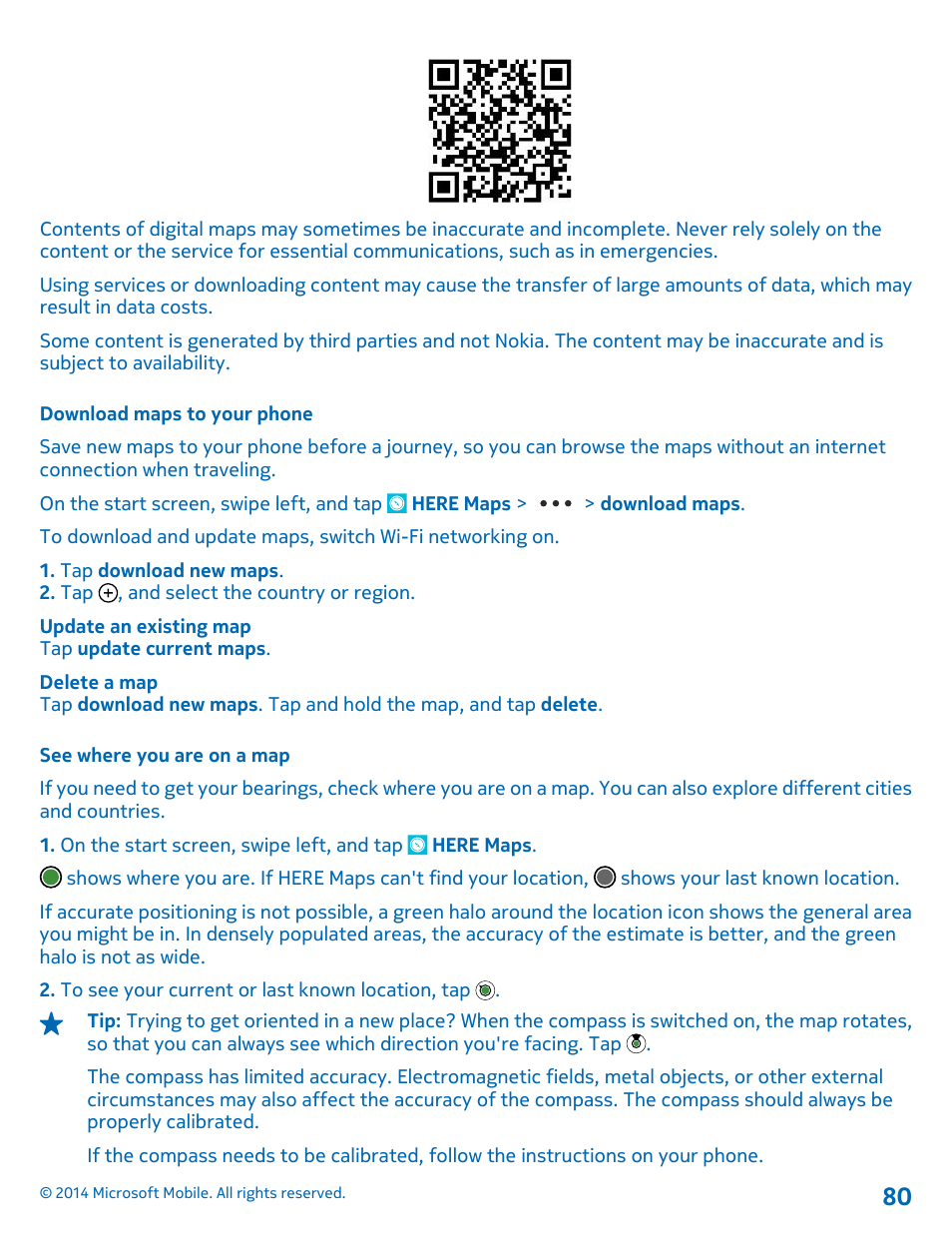 Download maps to your phone, See where you are on a map | Nokia Lumia 1320 User Manual | Page 80 / 124