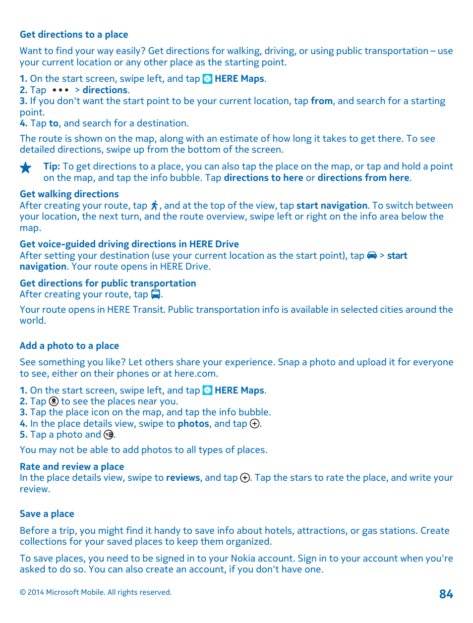 Get directions to a place, Add a photo to a place, Save a place | Nokia Lumia 1320 User Manual | Page 84 / 124