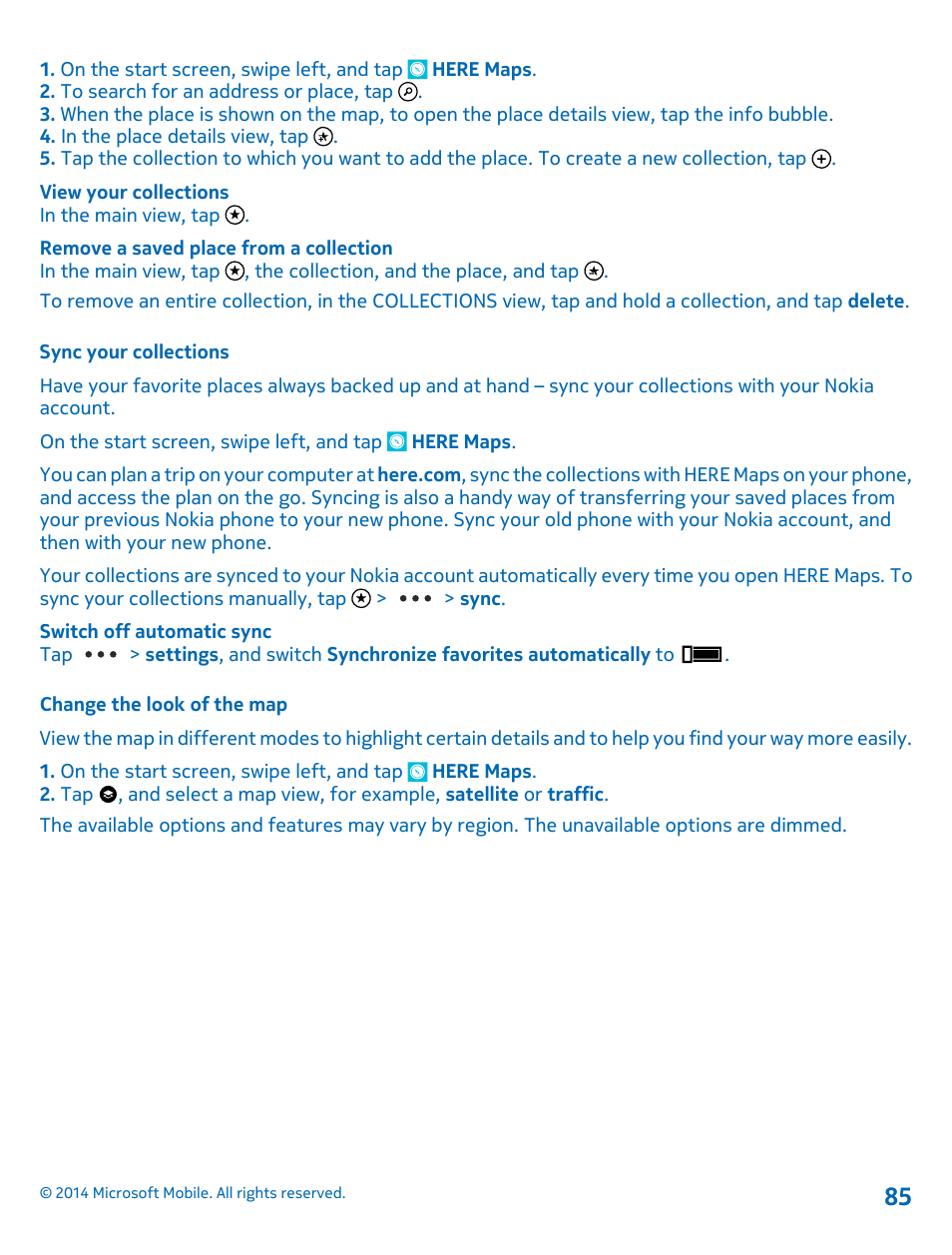 Sync your collections, Change the look of the map | Nokia Lumia 1320 User Manual | Page 85 / 124