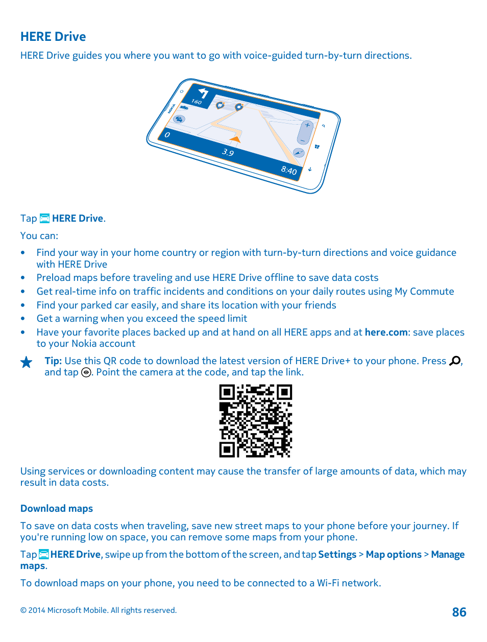 Here drive, Download maps | Nokia Lumia 1320 User Manual | Page 86 / 124