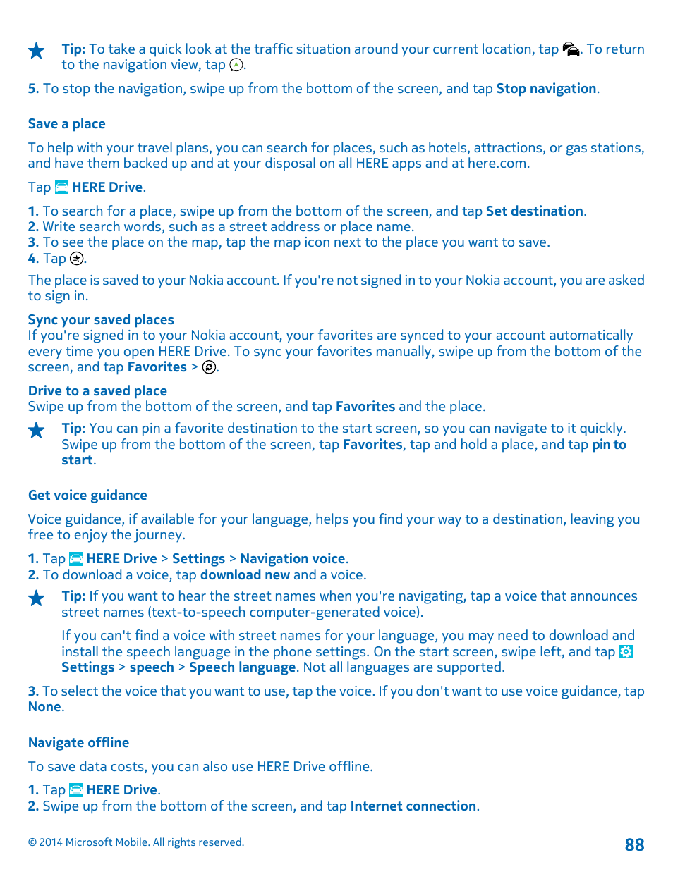 Save a place, Get voice guidance, Navigate offline | Nokia Lumia 1320 User Manual | Page 88 / 124