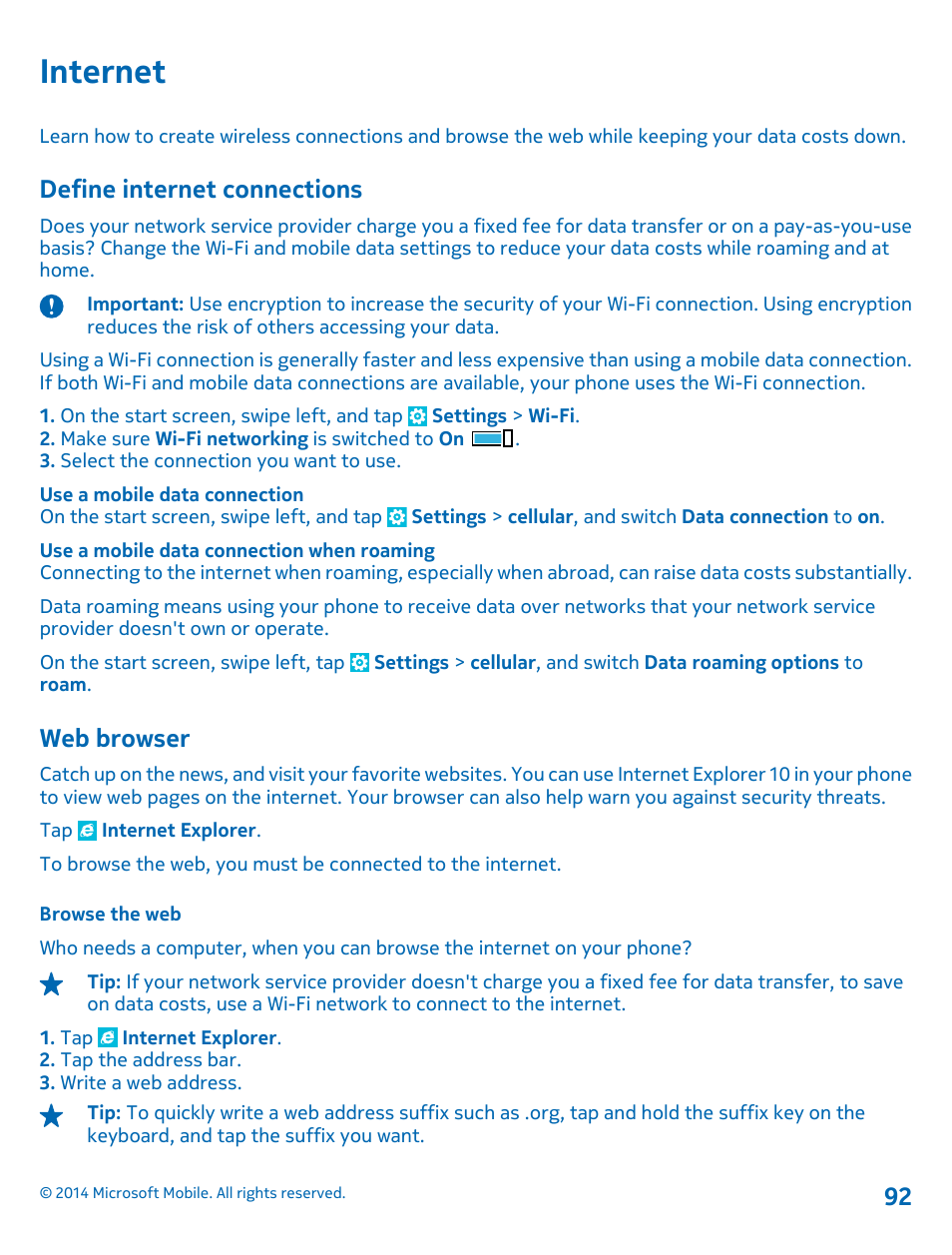 Internet, Define internet connections, Web browser | Browse the web | Nokia Lumia 1320 User Manual | Page 92 / 124