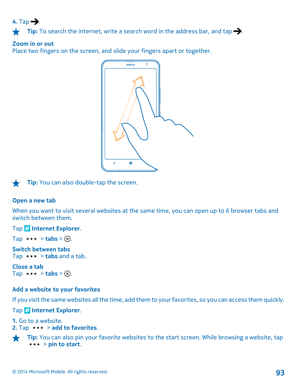 Open a new tab, Add a website to your favorites | Nokia Lumia 1320 User Manual | Page 93 / 124