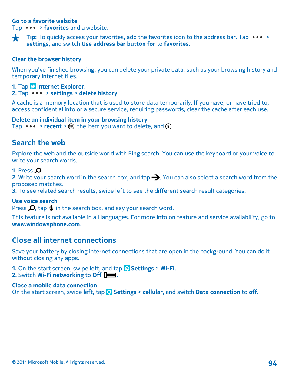 Clear the browser history, Search the web, Close all internet connections | Nokia Lumia 1320 User Manual | Page 94 / 124