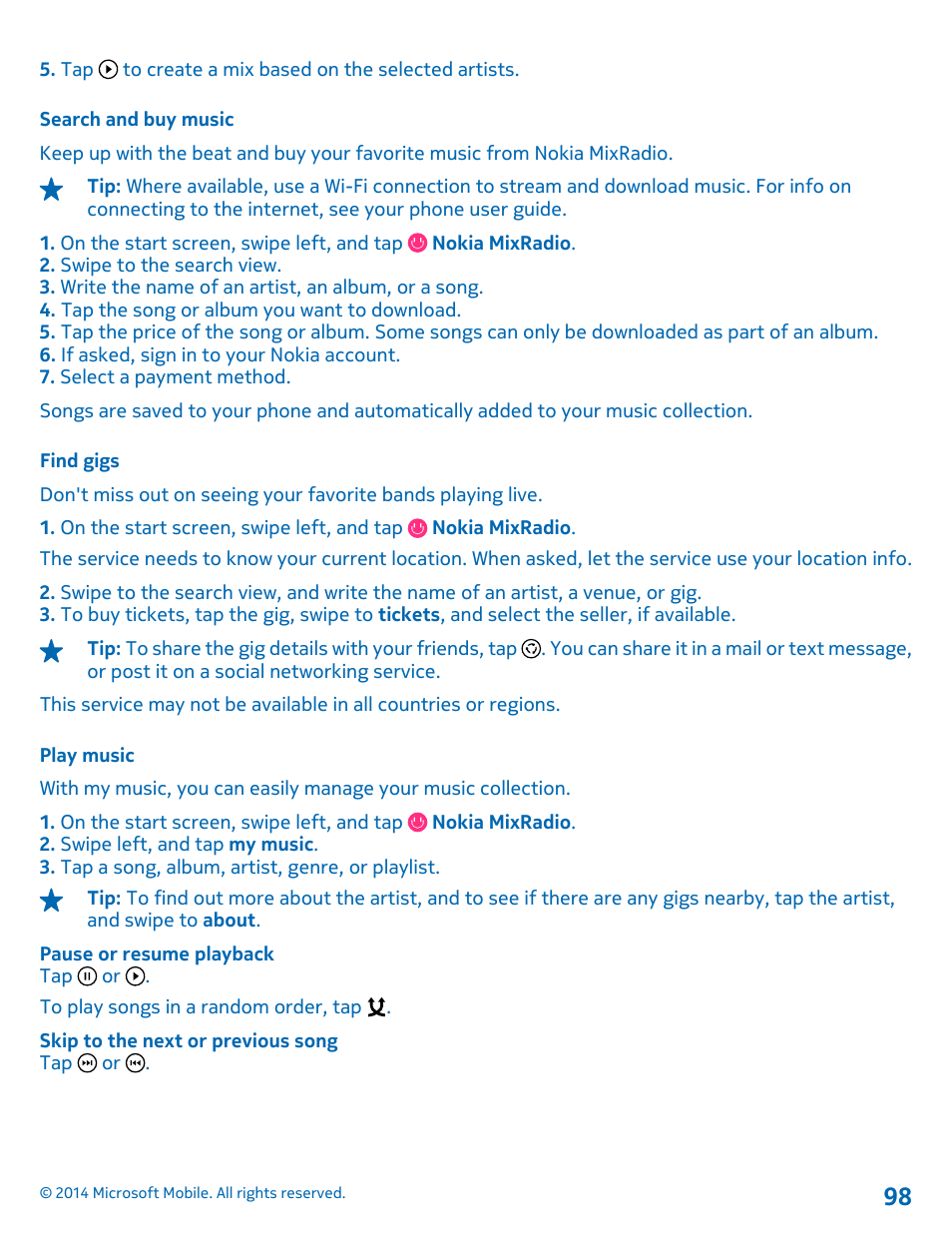 Search and buy music, Find gigs, Play music | Nokia Lumia 1320 User Manual | Page 98 / 124