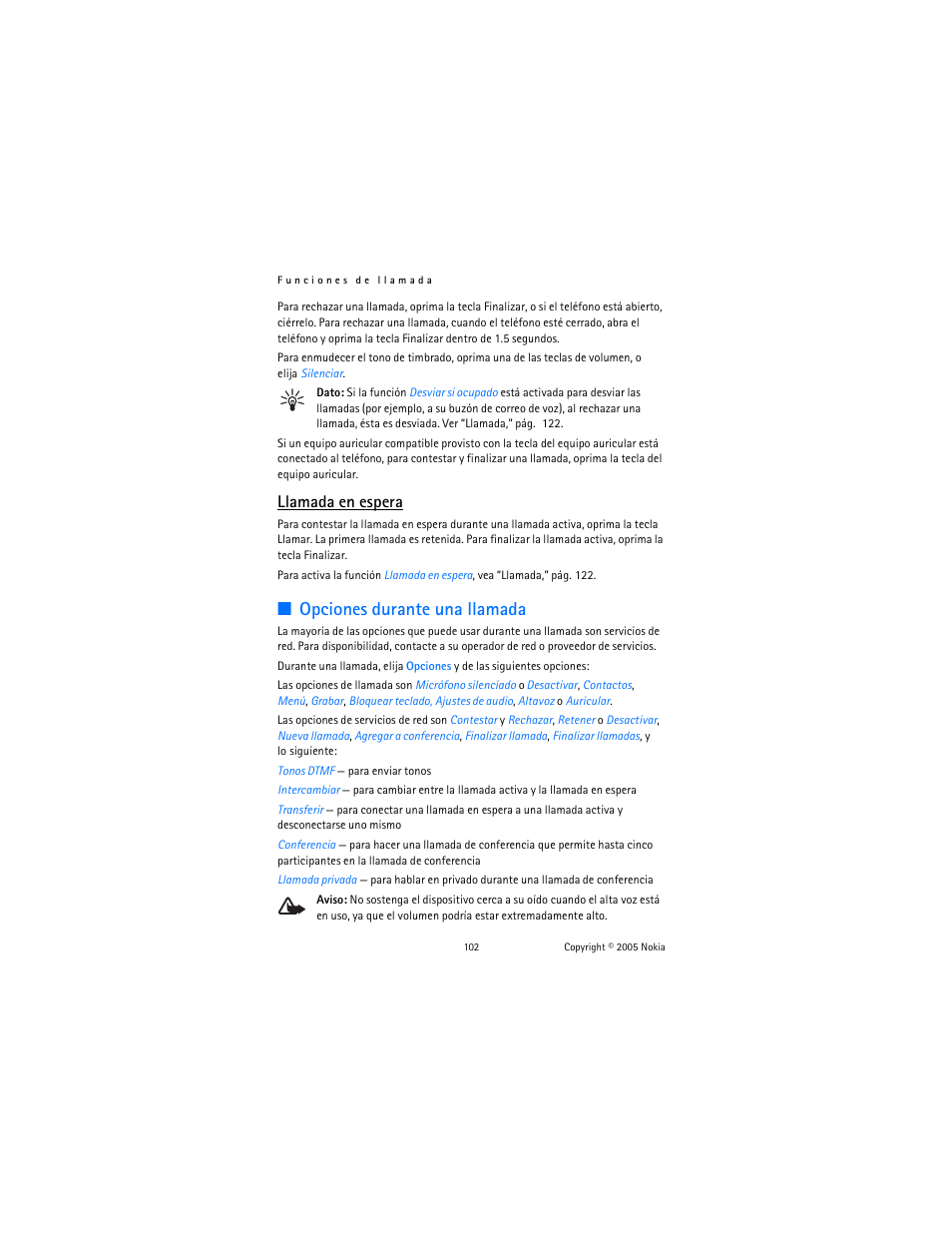 Opciones durante una llamada, Llamada en espera | Nokia 6102 User Manual | Page 103 / 169