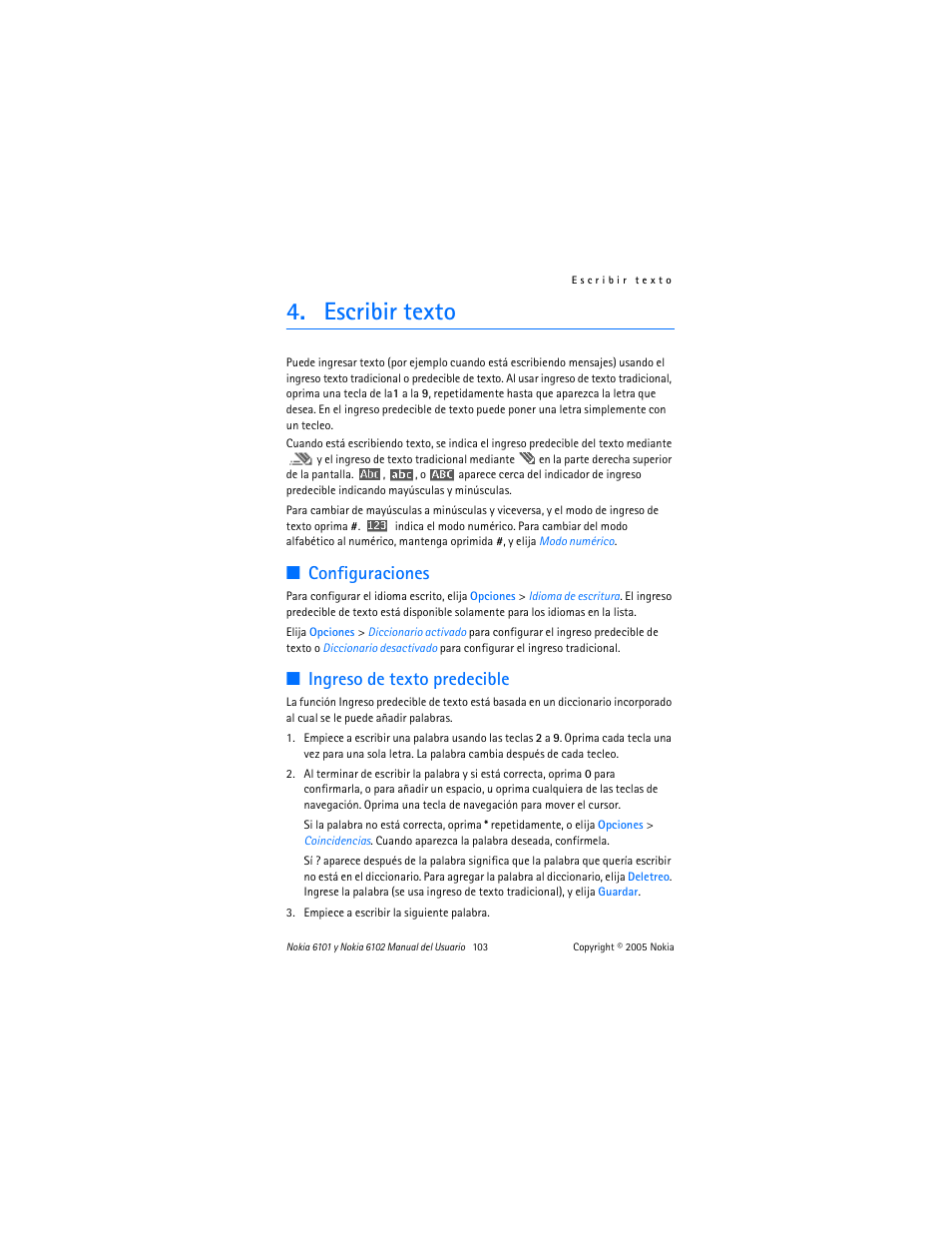 Escribir texto, Configuraciones, Ingreso de texto predecible | Configuraciones ingreso de texto predecible | Nokia 6102 User Manual | Page 104 / 169