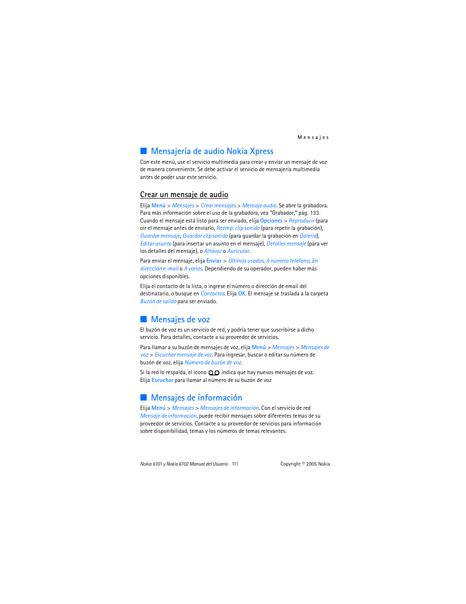 Mensajería de audio nokia xpress, Mensajes de voz, Mensajes de información | Mensajería de audio nokia xpress mensajes de voz, A “mensajería de audio nokia xpress,” pág. 111, Crear un mensaje de audio | Nokia 6102 User Manual | Page 112 / 169