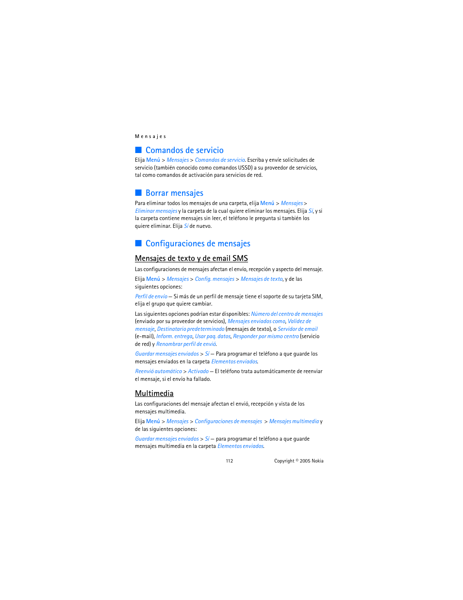 Comandos de servicio, Borrar mensajes, Configuraciones de mensajes | R “configuraciones de mensajes, Multimedia, Mensajes de texto y de email sms | Nokia 6102 User Manual | Page 113 / 169