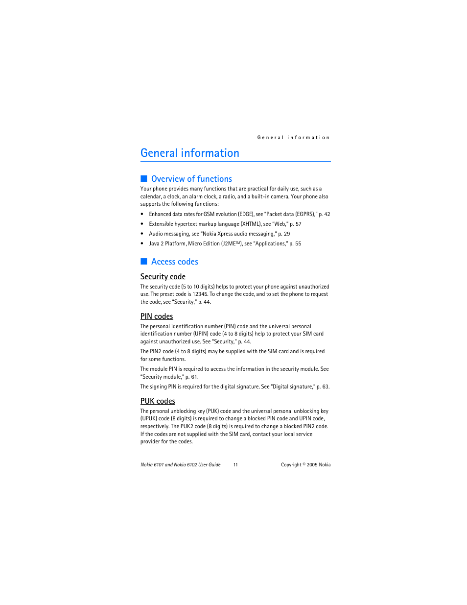 General information, Overview of functions, Access codes | Overview of functions access codes, Security code, Pin codes, Puk codes | Nokia 6102 User Manual | Page 12 / 169