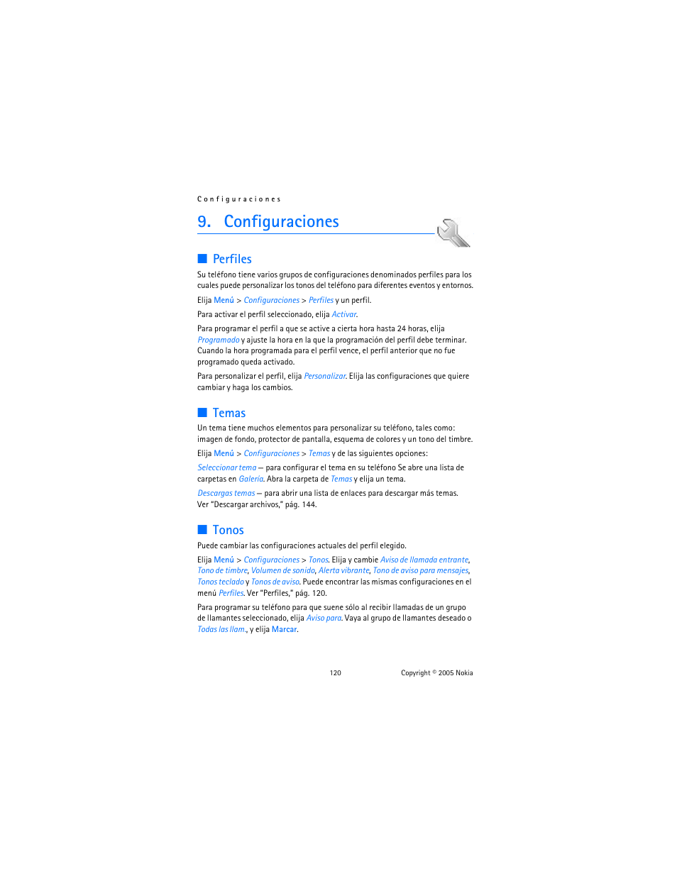 Configuraciones, Perfiles, Temas | Tonos, Perfiles temas tonos, R “tonos | Nokia 6102 User Manual | Page 121 / 169