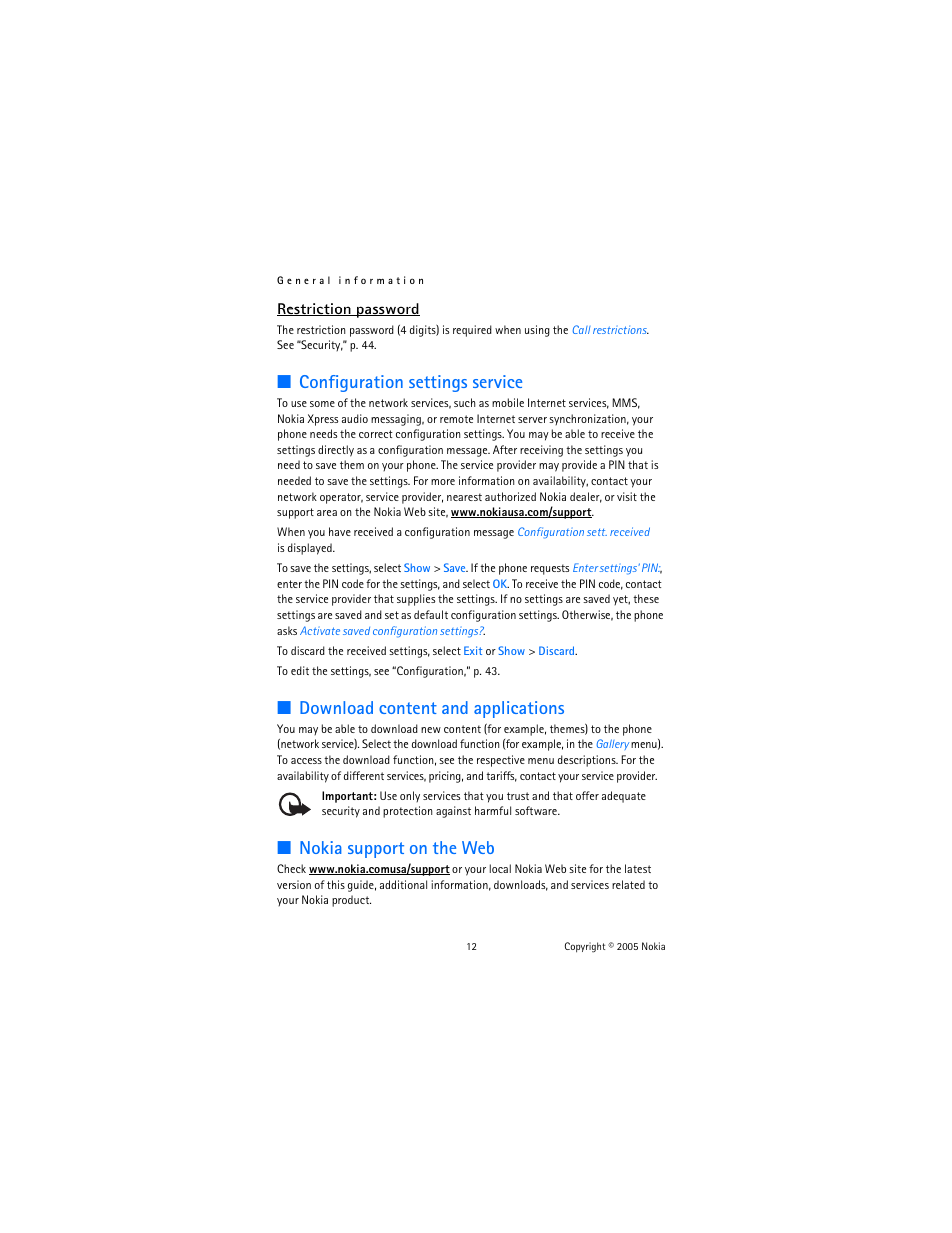 Configuration settings service, Download content and applications, Nokia support on the web | Restriction password | Nokia 6102 User Manual | Page 13 / 169