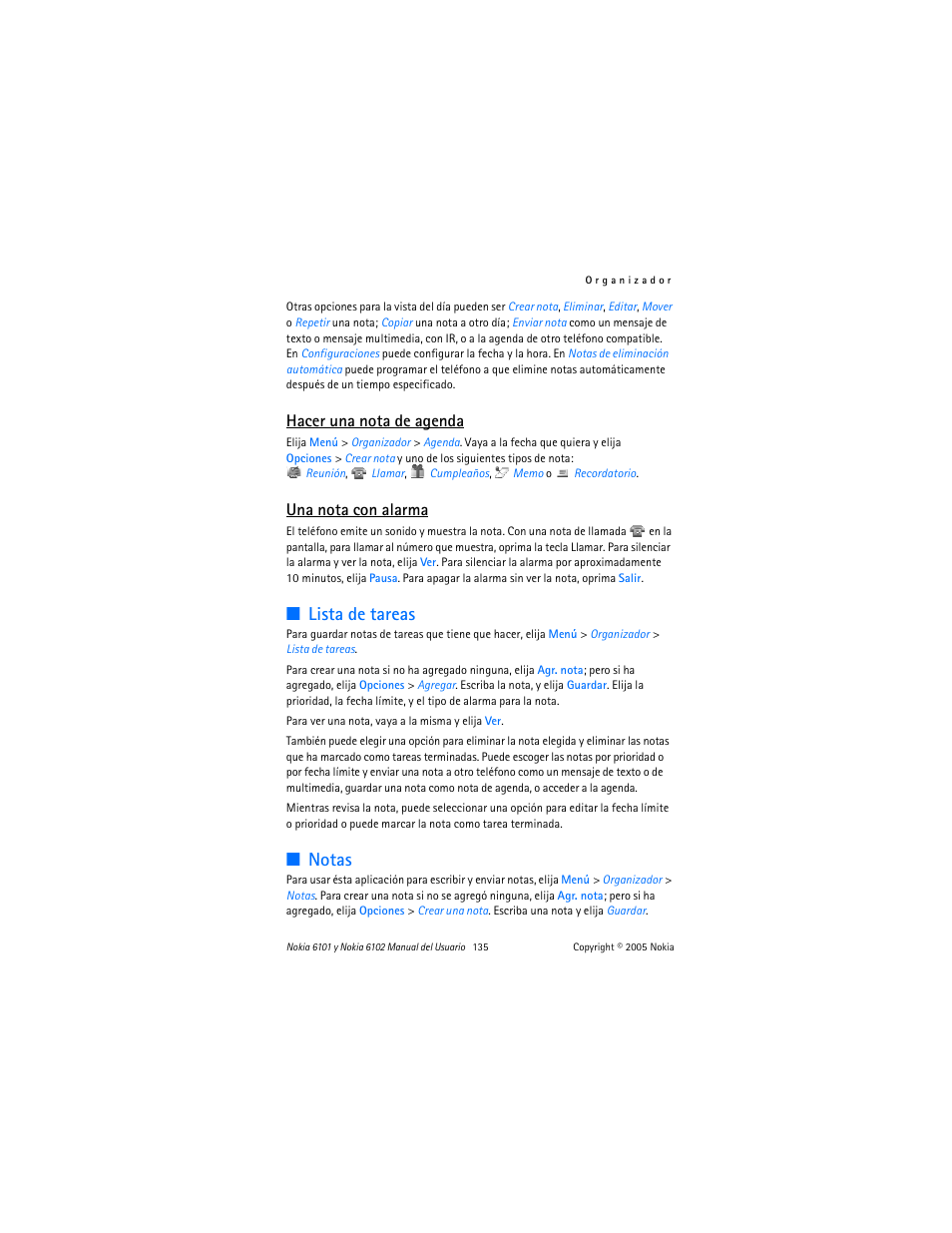 Lista de tareas, Notas, Lista de tareas notas | Hacer una nota de agenda, Una nota con alarma | Nokia 6102 User Manual | Page 136 / 169