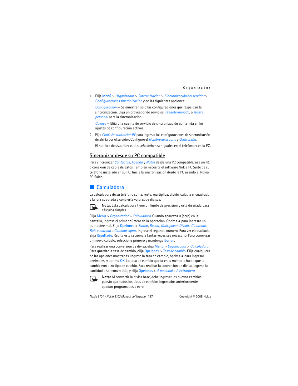 Calculadora, Sincronizar desde su pc compatible | Nokia 6102 User Manual | Page 138 / 169