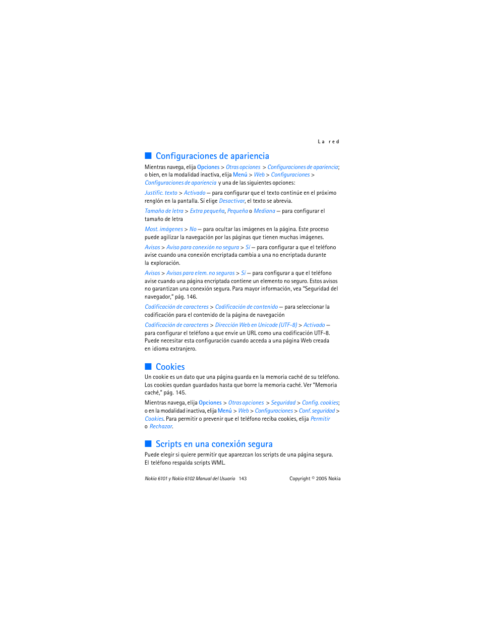 Configuraciones de apariencia, Cookies, Scripts en una conexión segura | Nokia 6102 User Manual | Page 144 / 169