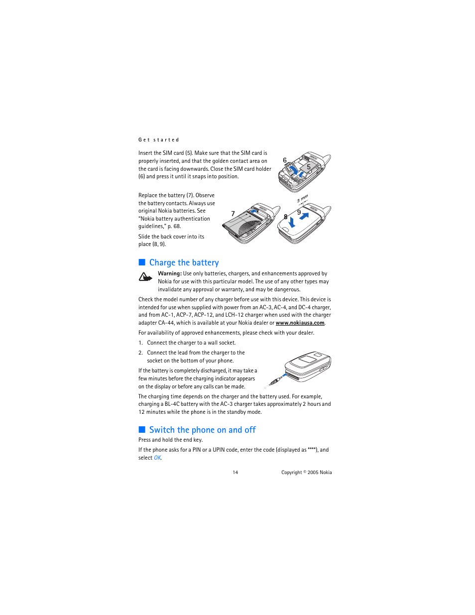 Charge the battery, Switch the phone on and off, Charge the battery switch the phone on and off | Nokia 6102 User Manual | Page 15 / 169