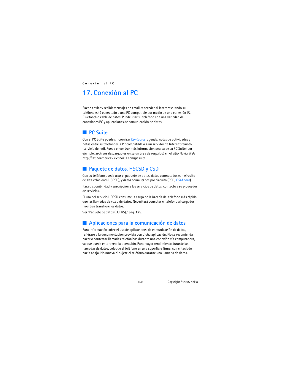 Conexión al pc, Pc suite, Paquete de datos, hscsd y csd | Aplicaciones para la comunicación de datos | Nokia 6102 User Manual | Page 151 / 169
