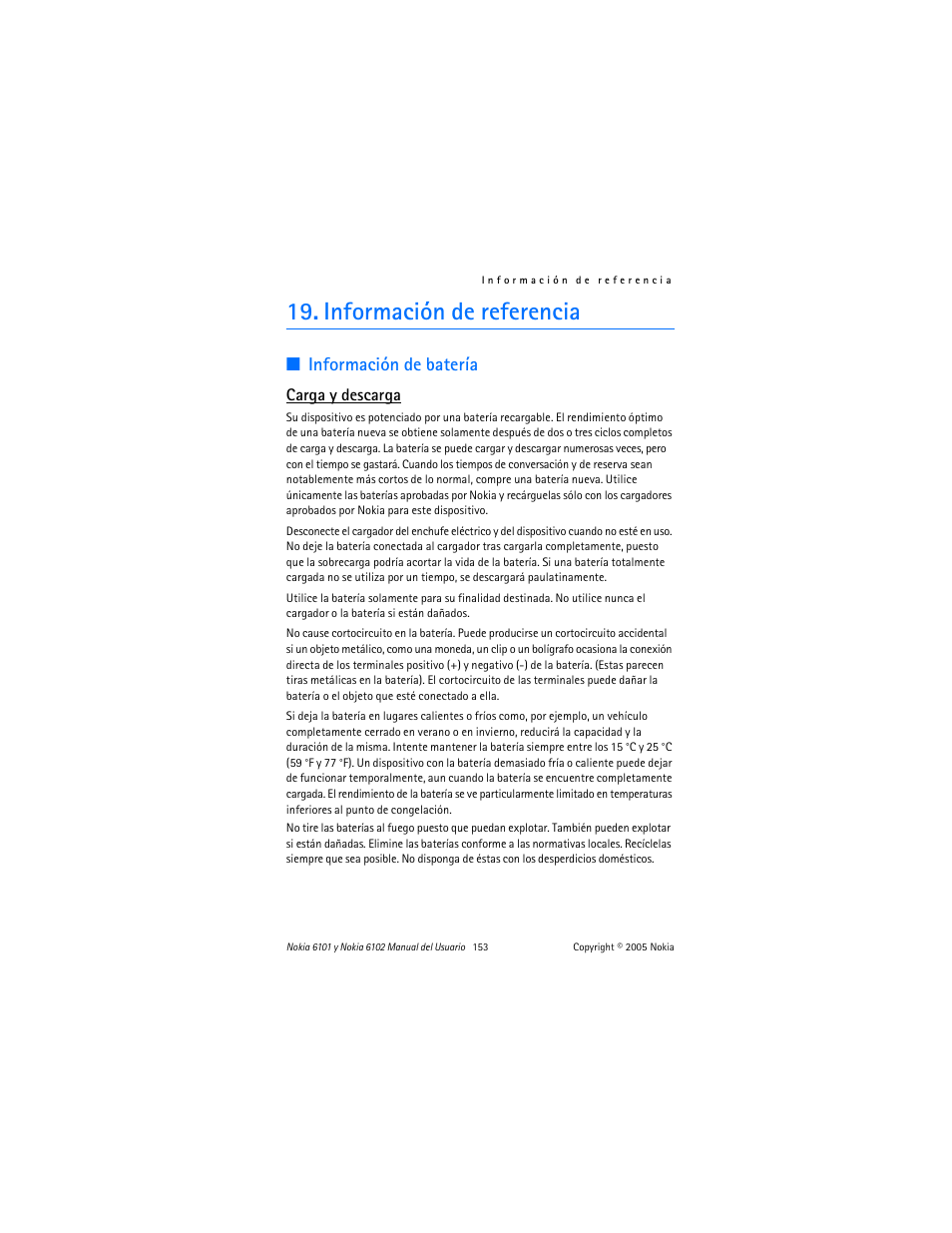 Información de referencia, Información de batería, Carga y descarga | Nokia 6102 User Manual | Page 154 / 169