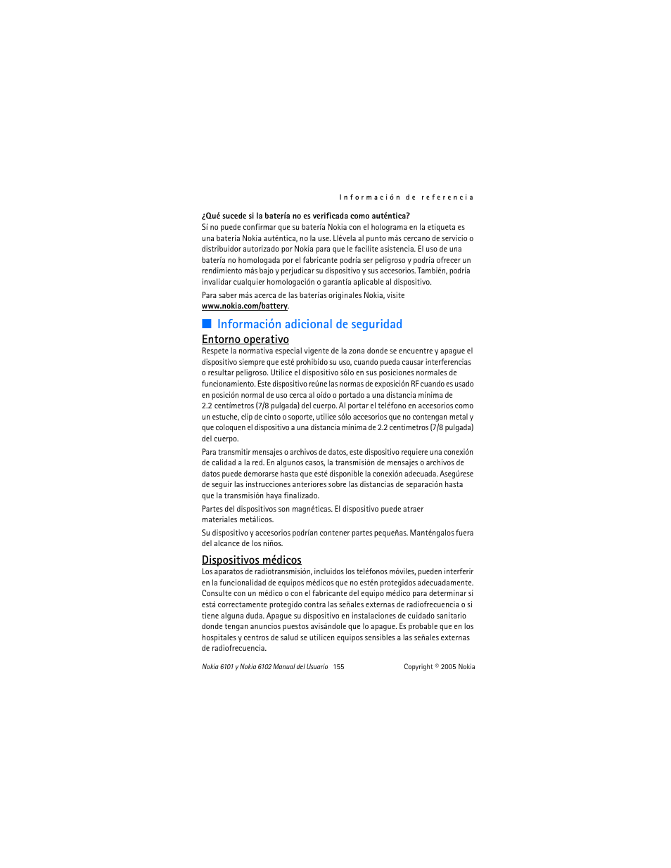 Información adicional de seguridad, Entorno operativo, Dispositivos médicos | Nokia 6102 User Manual | Page 156 / 169