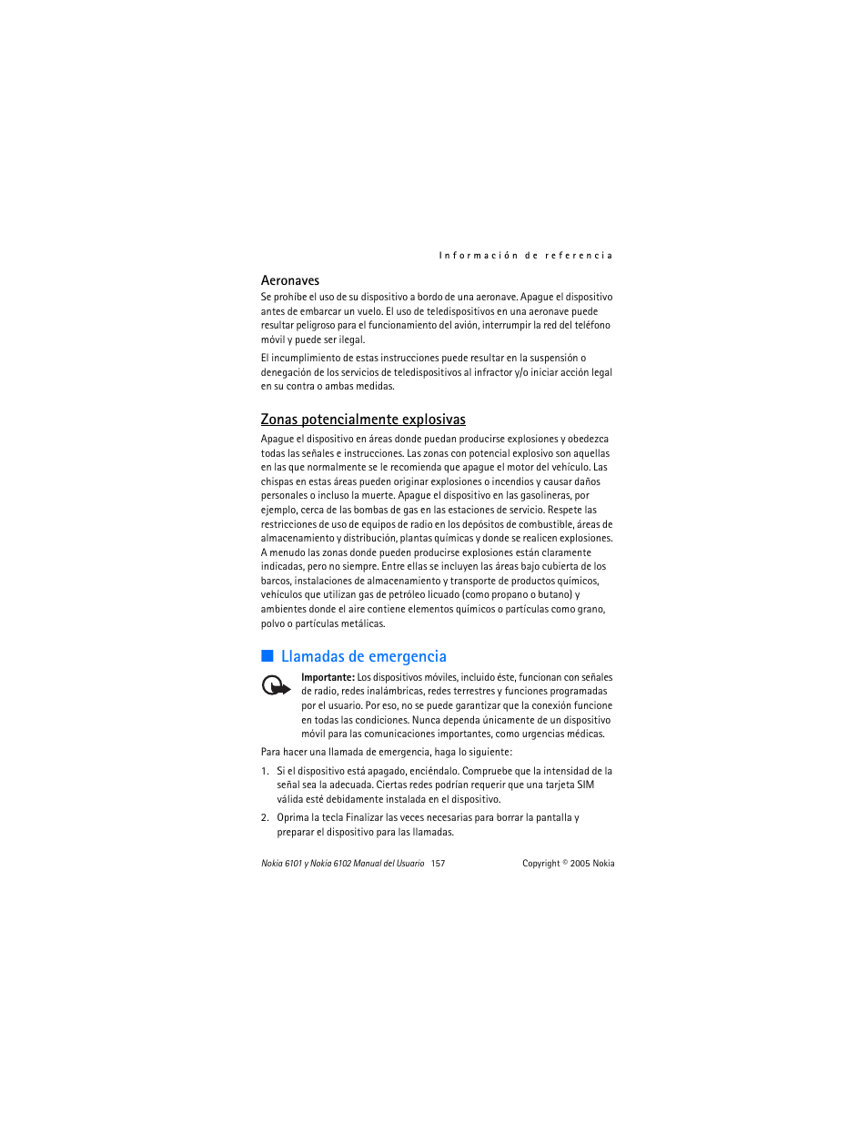 Llamadas de emergencia, Zonas potencialmente explosivas | Nokia 6102 User Manual | Page 158 / 169