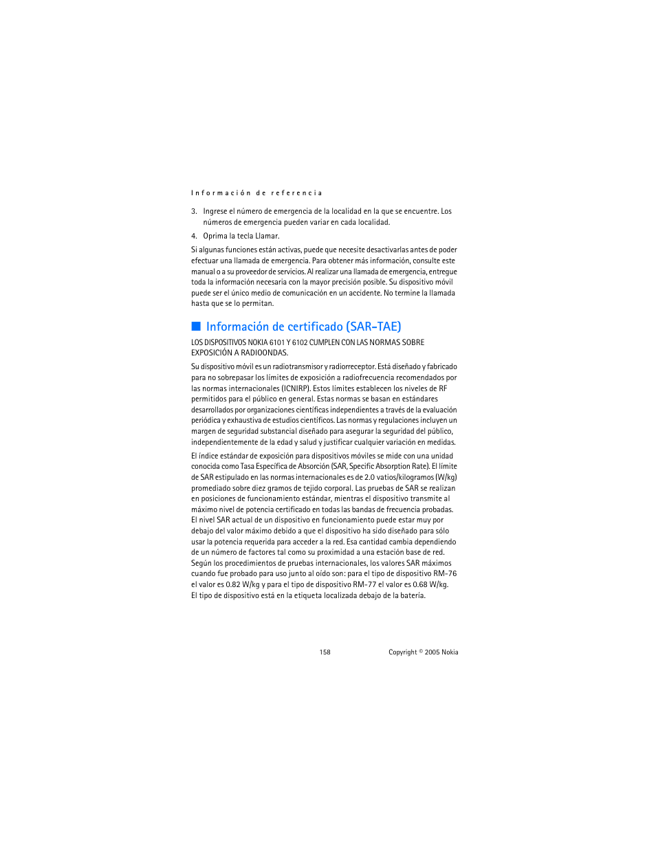 Información de certificado (sar-tae) | Nokia 6102 User Manual | Page 159 / 169