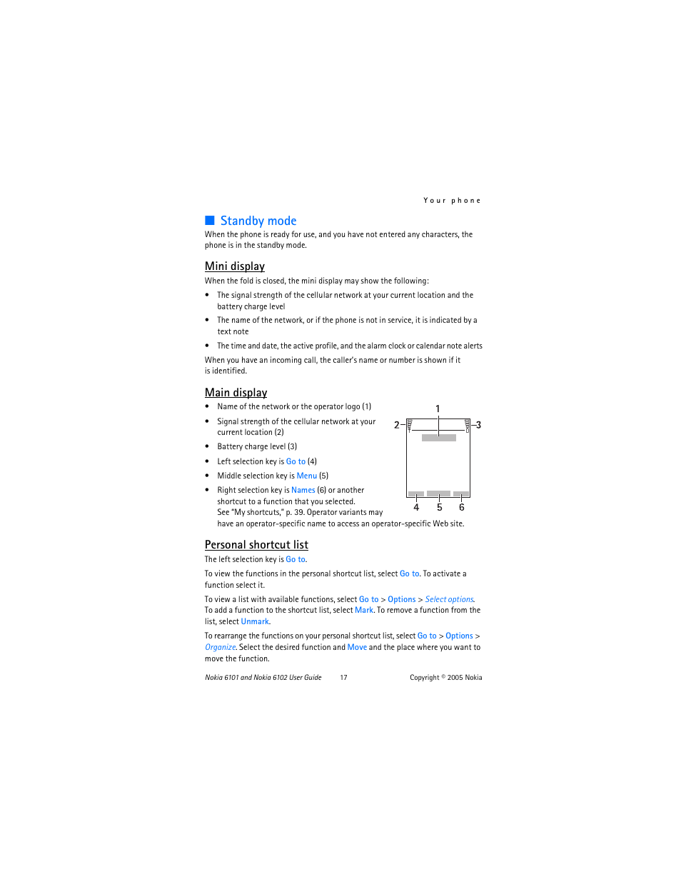 Standby mode, Mini display, Main display | Personal shortcut list | Nokia 6102 User Manual | Page 18 / 169