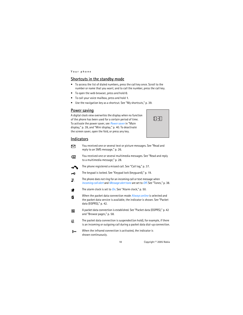 Shortcuts in the standby mode, Power saving, Indicators | Nokia 6102 User Manual | Page 19 / 169