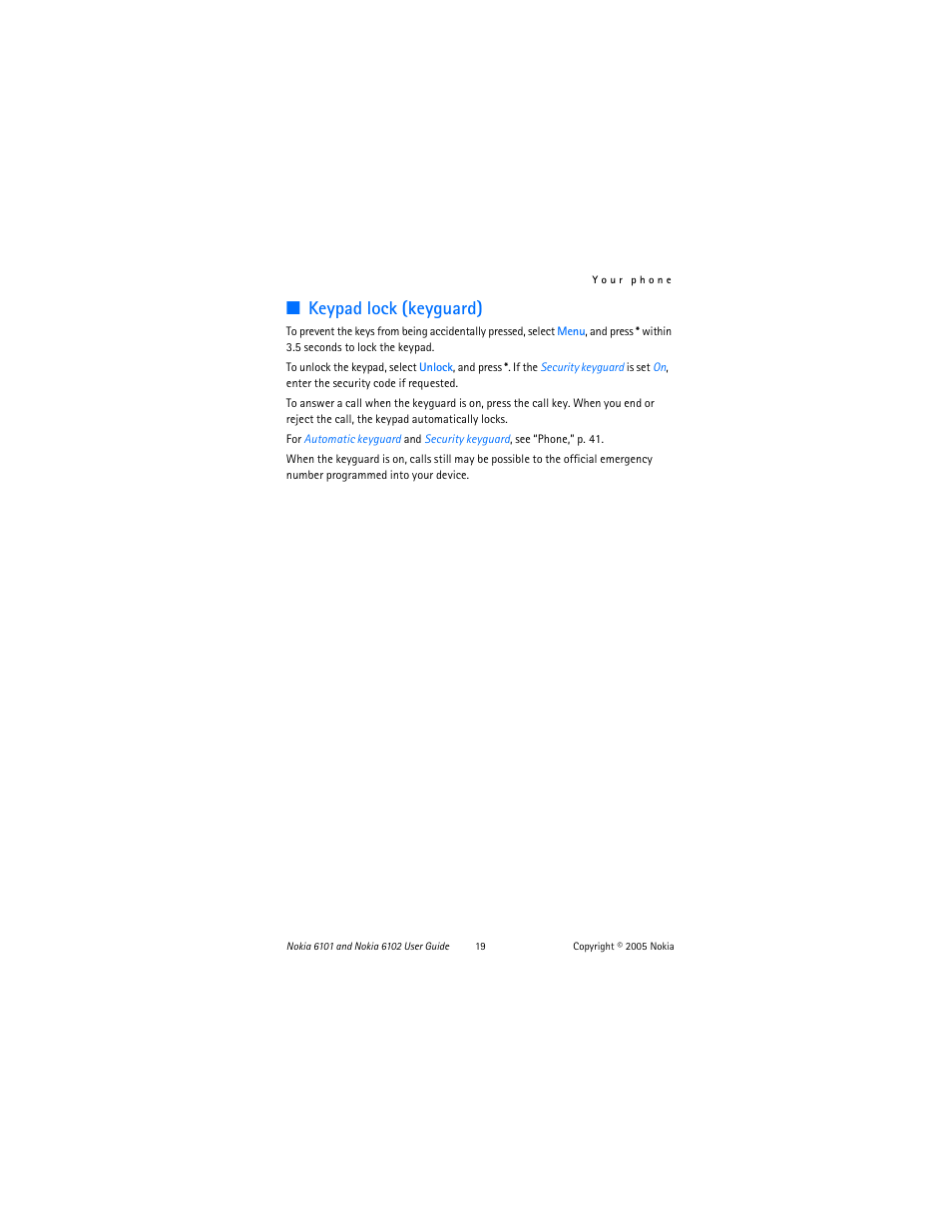 Keypad lock (keyguard), Keypad lock (keyguard),” p. 19 | Nokia 6102 User Manual | Page 20 / 169