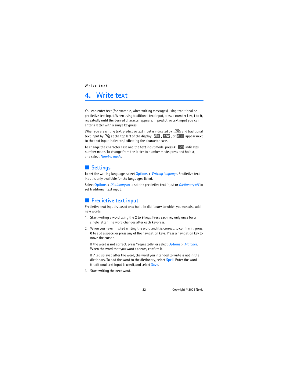 Write text, Settings, Predictive text input | Settings predictive text input | Nokia 6102 User Manual | Page 23 / 169