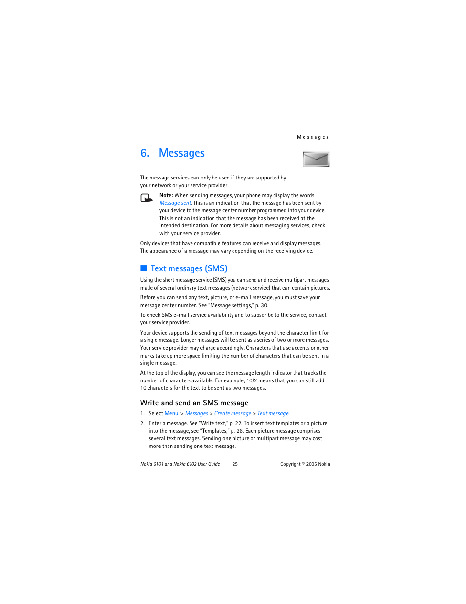 Messages, Text messages (sms), Write and send an sms message | Nokia 6102 User Manual | Page 26 / 169