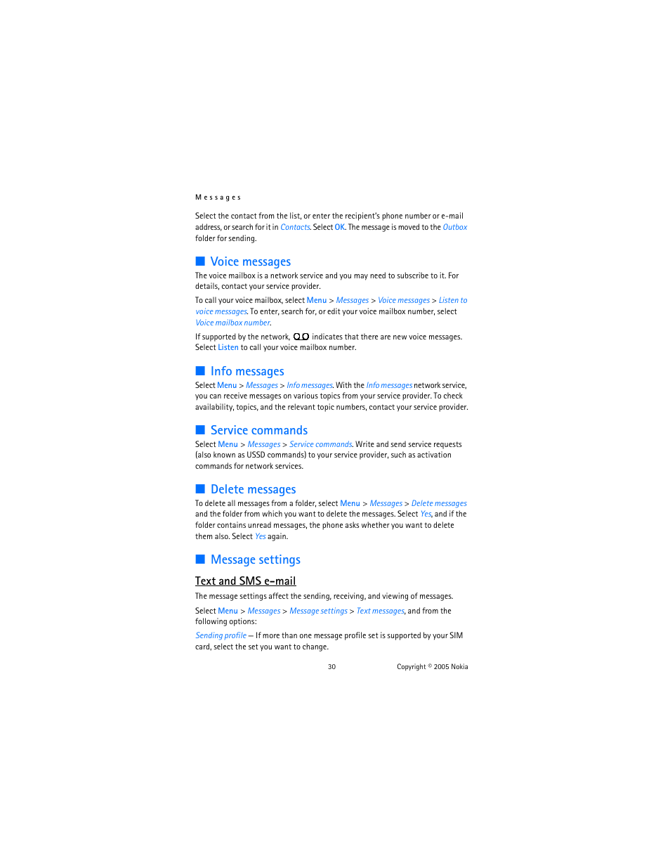 Voice messages, Info messages, Service commands | Delete messages, Message settings, Message settings,” p. 30, Text and sms e-mail | Nokia 6102 User Manual | Page 31 / 169