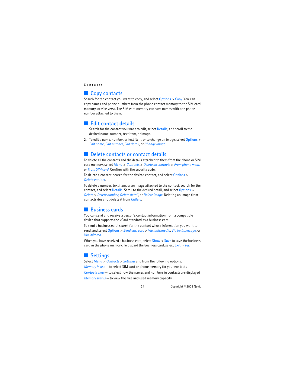 Copy contacts, Edit contact details, Delete contacts or contact details | Business cards, Settings | Nokia 6102 User Manual | Page 35 / 169