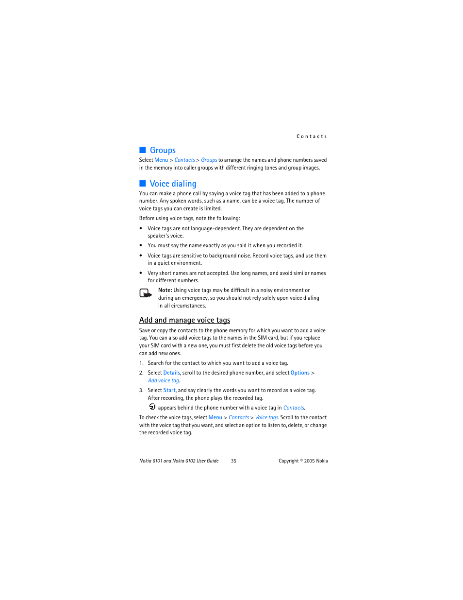 Groups, Voice dialing, Groups voice dialing | Add and manage voice tags | Nokia 6102 User Manual | Page 36 / 169