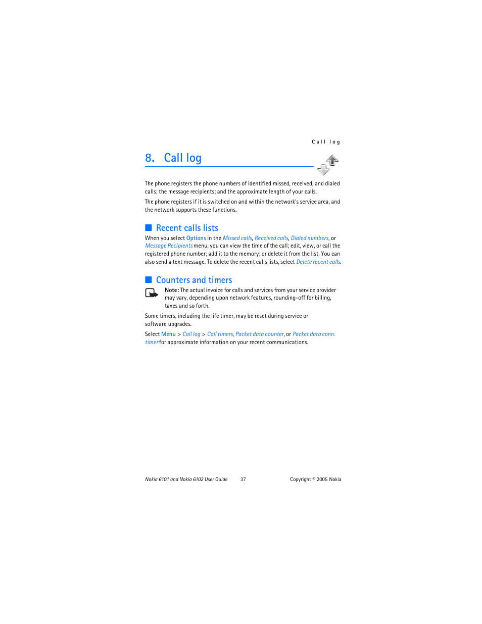 Call log, Recent calls lists, Counters and timers | Recent calls lists counters and timers | Nokia 6102 User Manual | Page 38 / 169