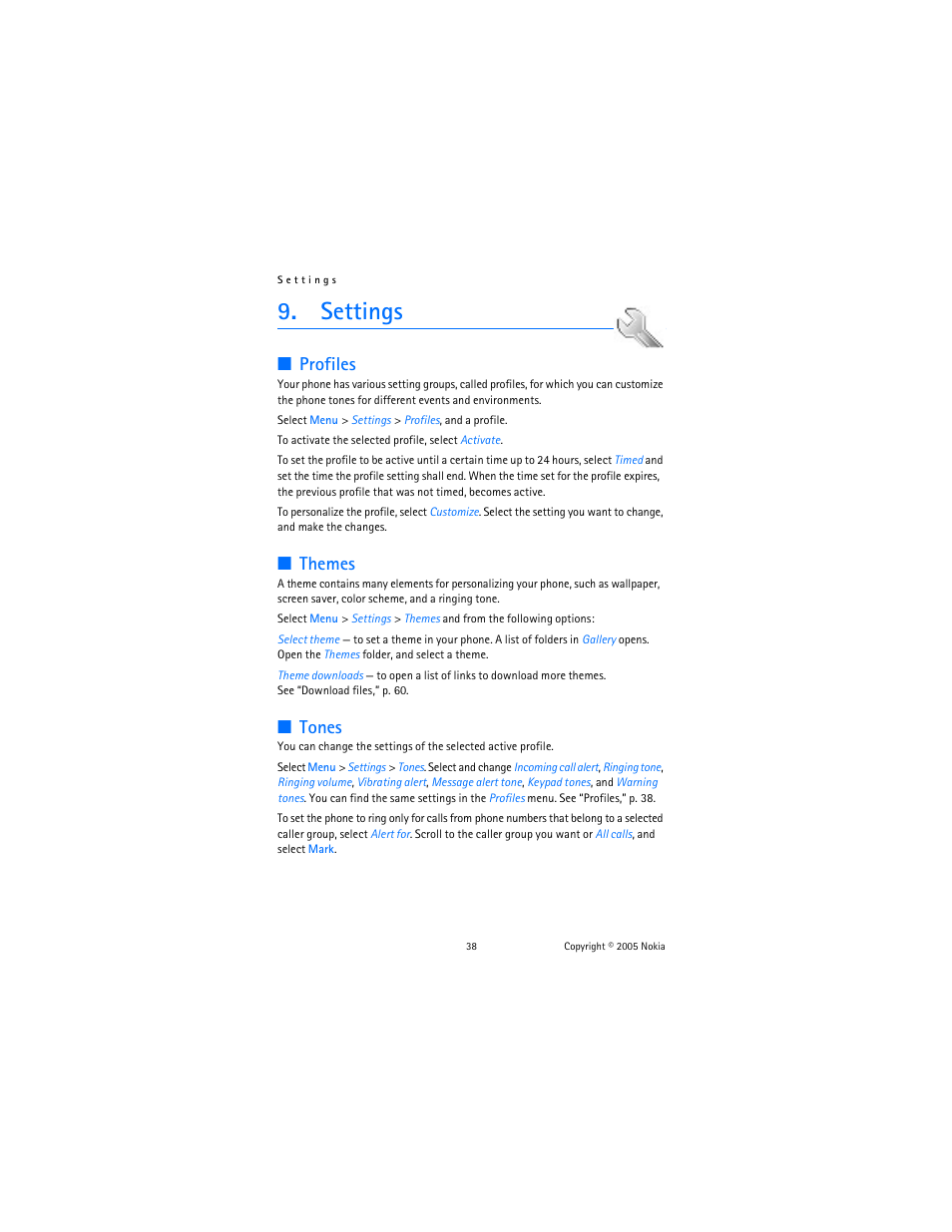 Settings, Profiles, Themes | Tones, Profiles themes tones, Tones,” p. 38 | Nokia 6102 User Manual | Page 39 / 169